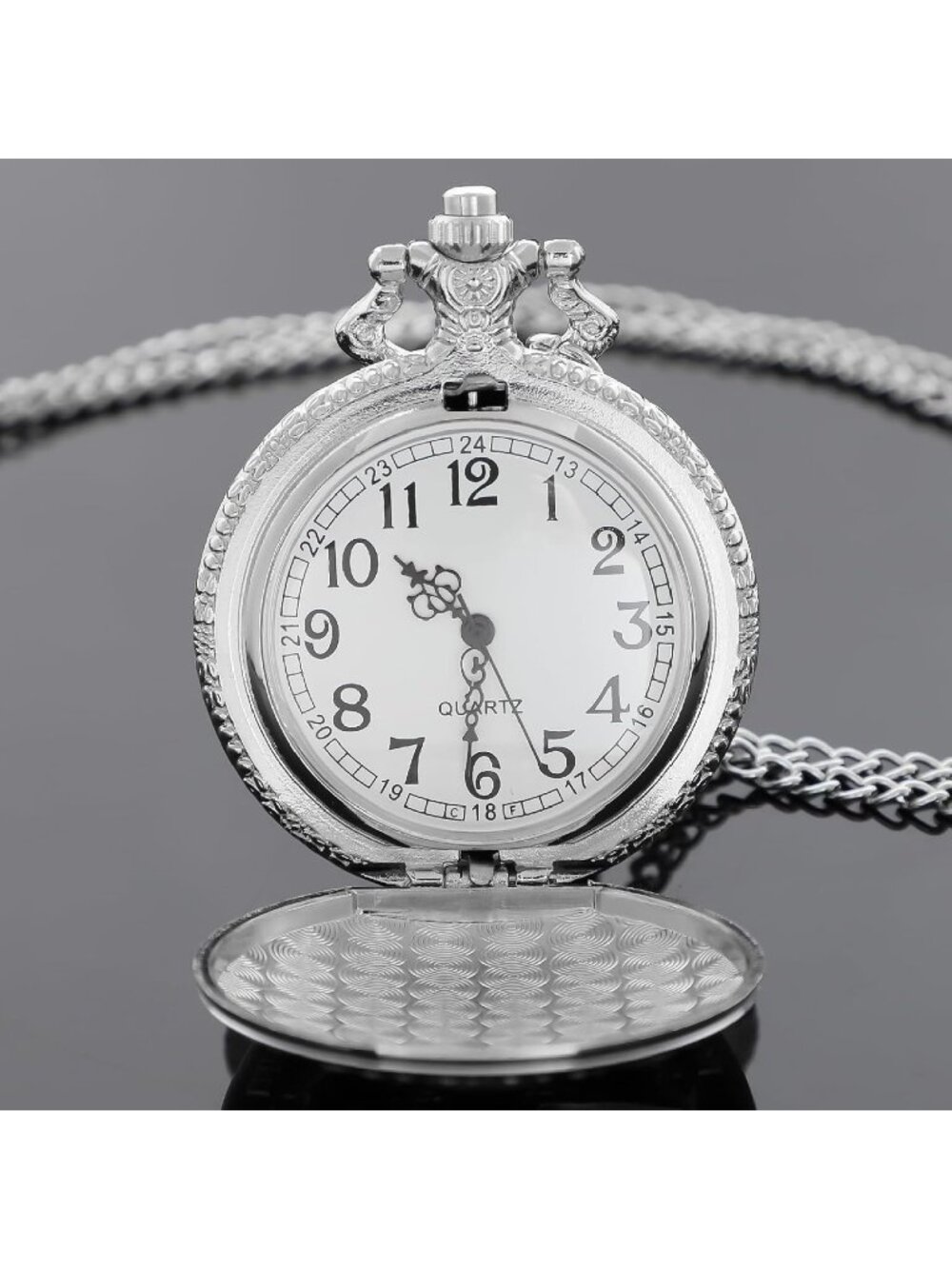 Men's Silver Analog Quartz Arabic Numerals Engraved Skull Vintage Pocket Watch - Picture 3 of 7